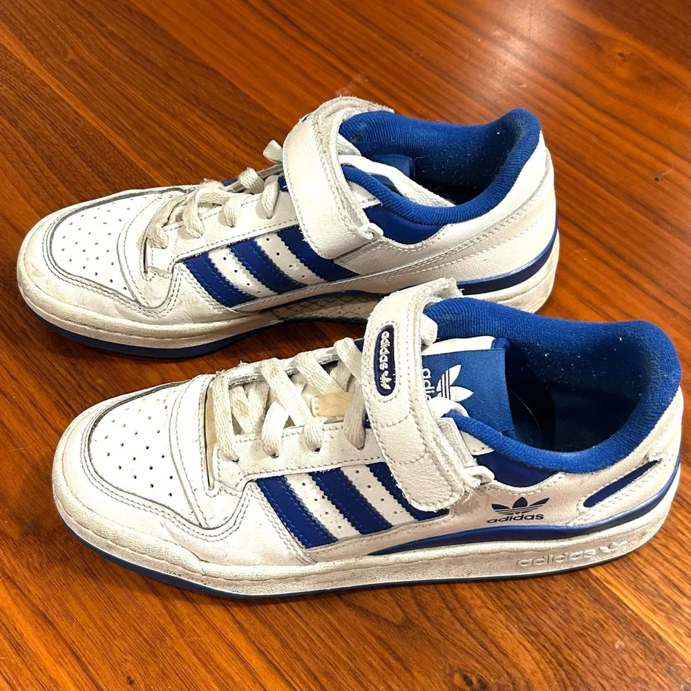 Adidas Forum Low Top White and Royal Blue Sneakers